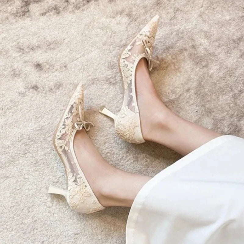 Wedding Shoes Bridal Pumps for Women Elegant Lace with Bow Decor Pointed Toe Mesh Stiletto Heels Comfortable Classic Party