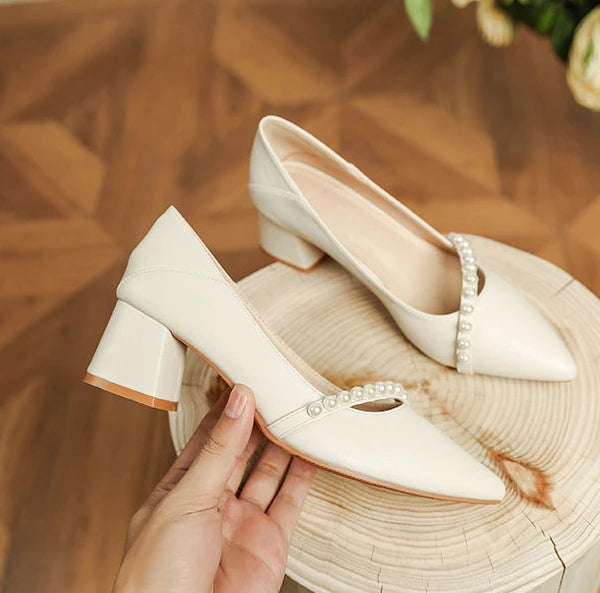 With Medium Heels Shoes for Women 2025 Wedding Bride Shoe White Ladies Summer Footwear Pearl Office Slip on Lastest Casual Trend