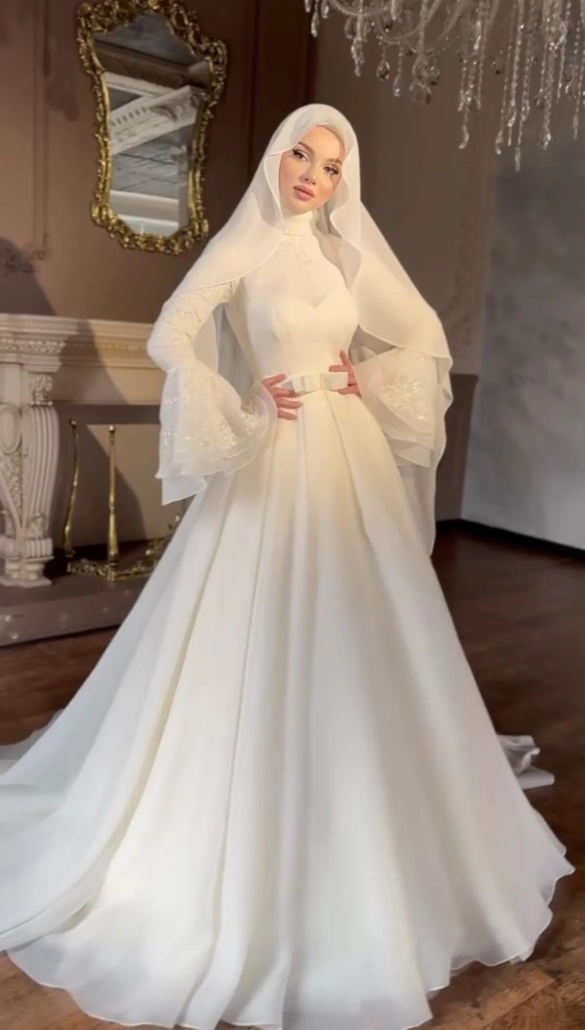 Custom Muslim Wedding Dress High Neck Chiffon Ball Gown with Hijab Bell Sleeves Modest Bridal Gown with Sparkly Cuffs