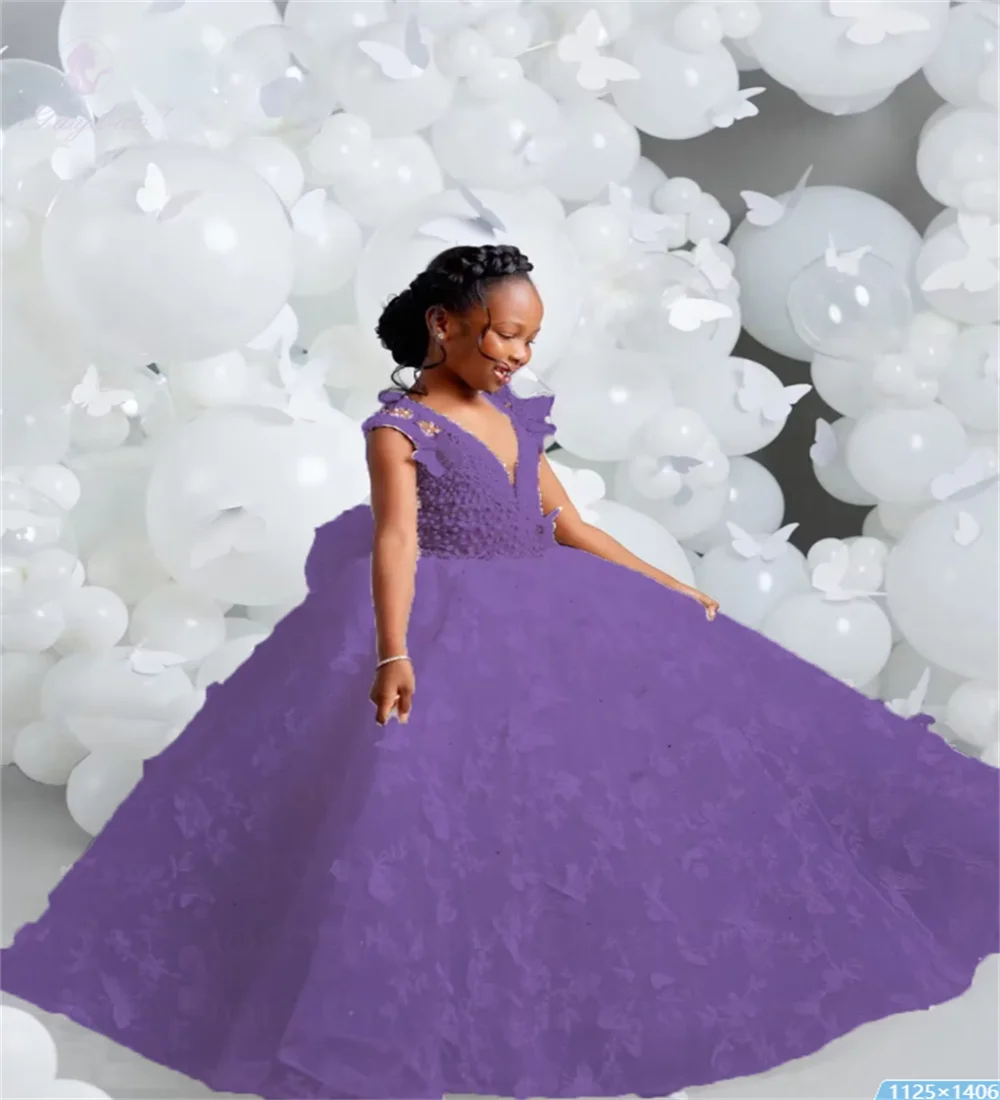 V-Neck Butterfly Pearl Flower Girl Dress