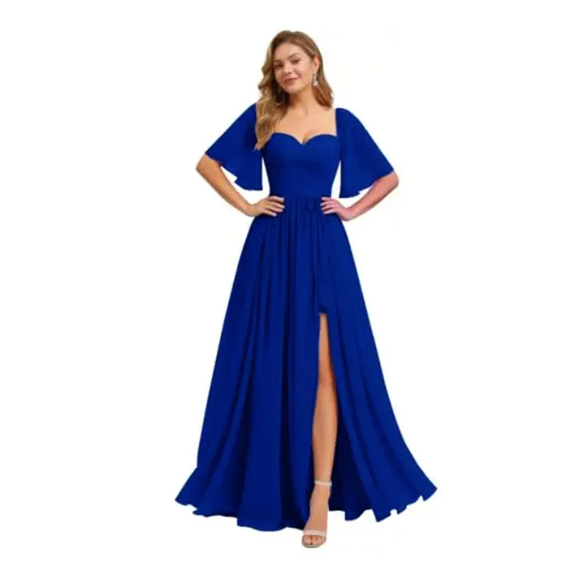 A Line Short Sleeve Chiffon Bridesmaid Dresses One Shouder Slit Pleat Elegant Wedding Party Formal Prom Evening Lace Up Back