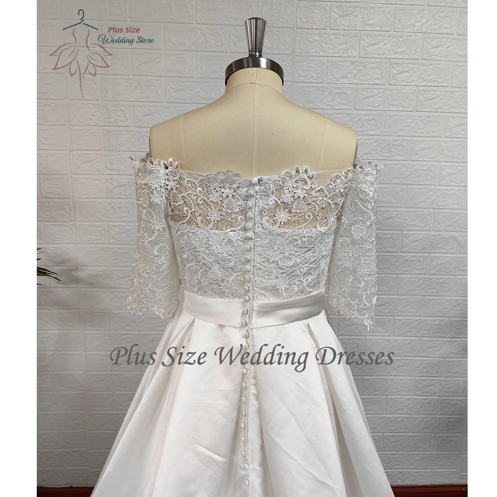 Boat Neck Half Sleeve Satin A-Line Wedding Dress