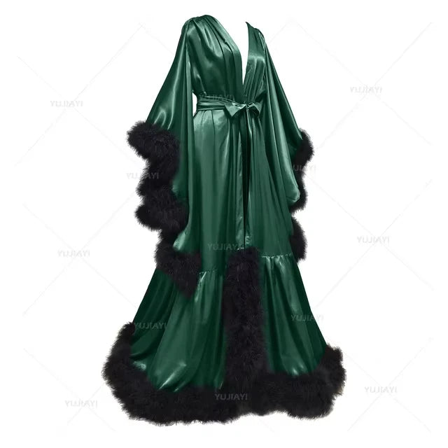 Customized Bathrobe for Women Flare Sleeves Feather Bridal Robe Nightgown Silk Long Wedding Scarf Dress Gown Photography Dress