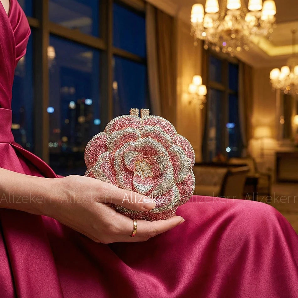 Rose-Shaped Crystal Bridal Clutch