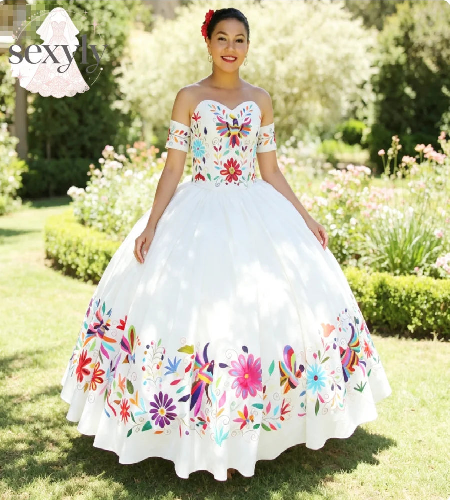 Vintage Mexican Wedding Dress With Colorful Floral Embroidery Off Shoulders Satin Sweet 15 Birthday Party Tradicional Bridal