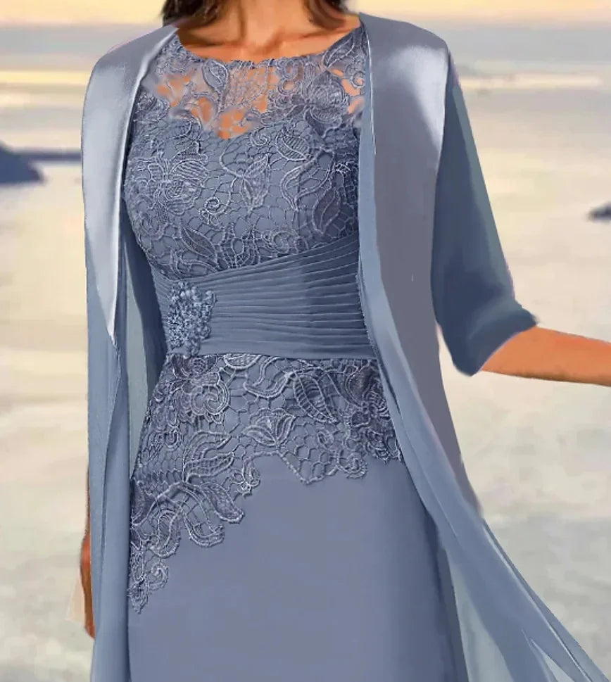 Mother Of the Bride Dresses Midi Dusty Blue Length Sleeve Floral Embroidered Layered Ruched Fall Crew Neck Elegant Mature فستان
