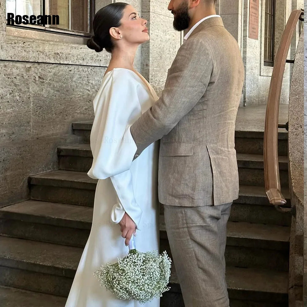 Customized Muslim Exquisite A-line Wedding Dresses V-Neck Draped Pleat Puff Sleeve Bride Dress Brush Train robe de mariée