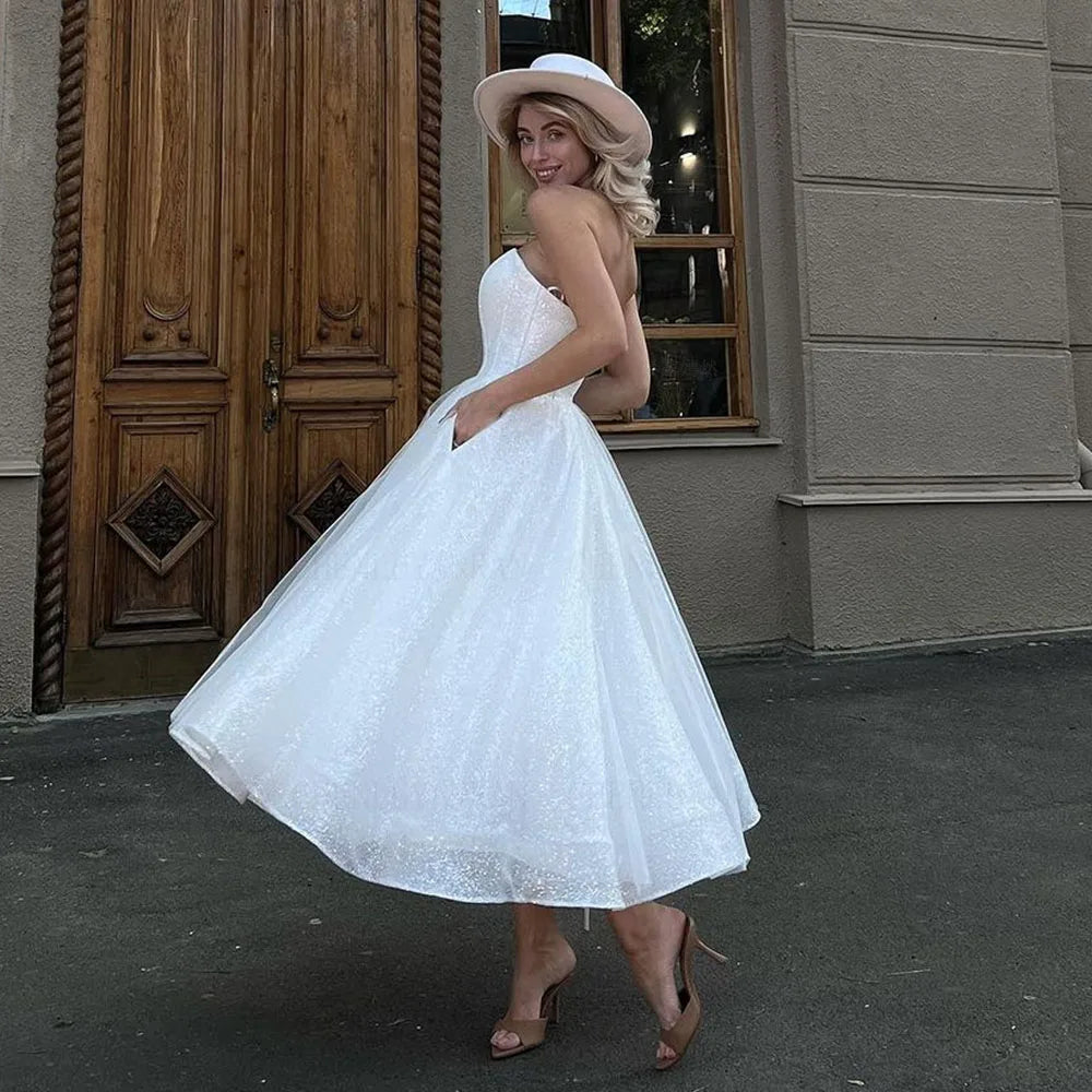 Glitter Tea Length Wedding Dress with Pockets
