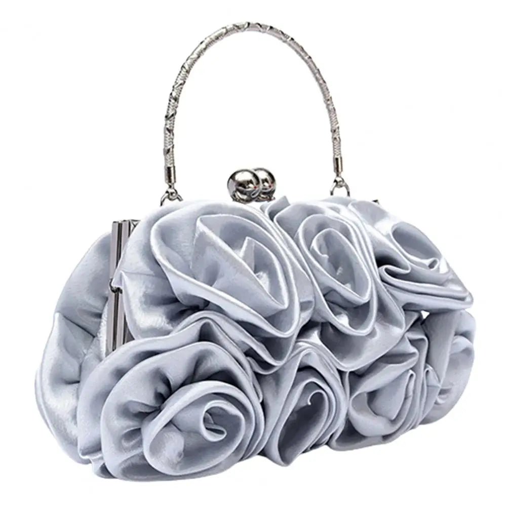 Women Girls Silk Rose Flower Handbag Wedding Bridal Clutch Bag Metal Chain Shoulder Bag Lady Crossbody Bags Purse Chic Tote Bag