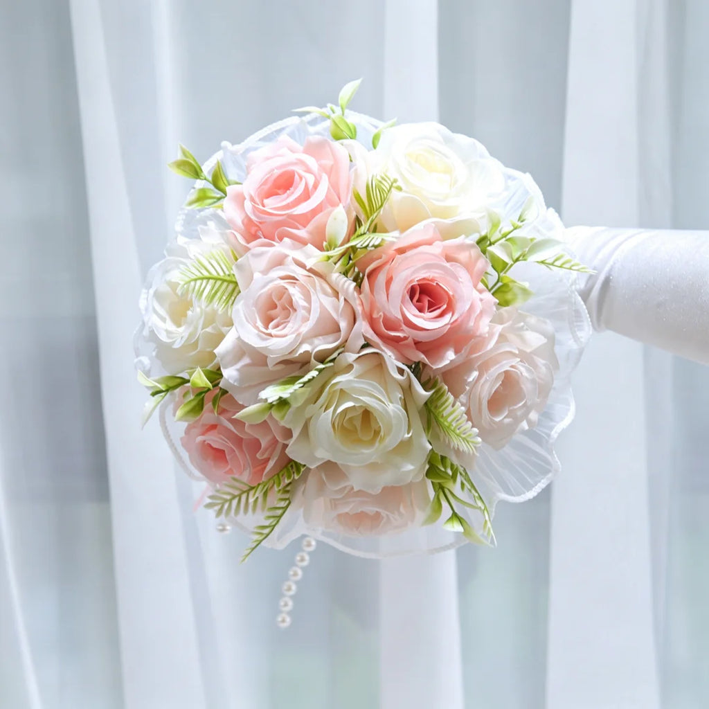 Artificial Bridal Bouquet Pearl Roses Wedding Bridesmaid Bouquet Valentine's Day Decoration Gift Romantic Wedding Accessories