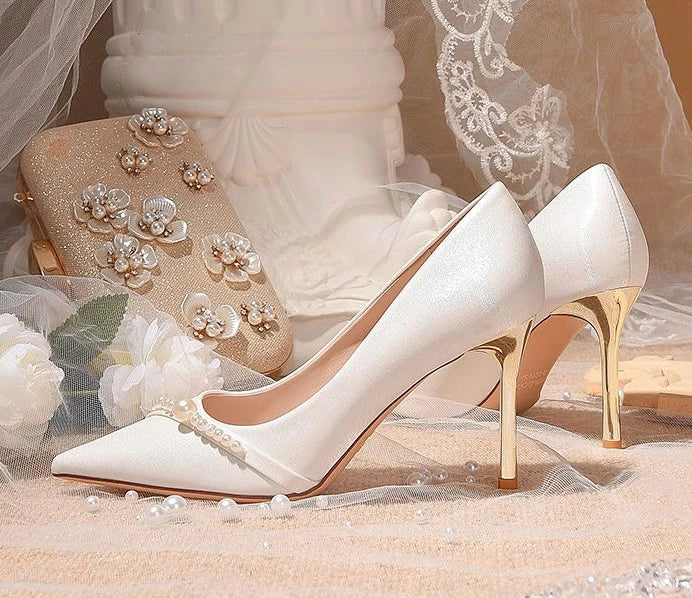 Women's Summer Footwear Bride Pumps Shoes for Woman 2025 Wedding Shoe on Heeled Pointed Toe Pearl Stilito High Heels Popular 39