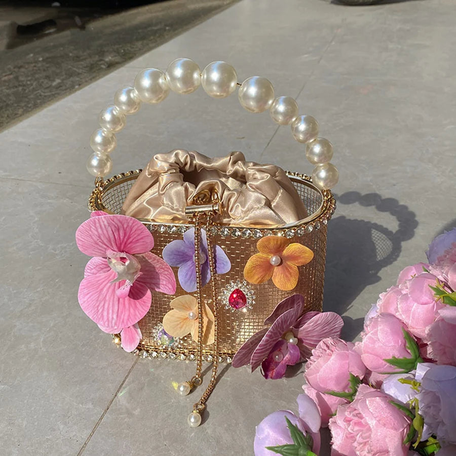 Beaded Handle Clutch Purse for Women Flower Crossbody Bag Birdcage Diamond Handbag Evening Bag Wedding Party Banquet Bucket Bags