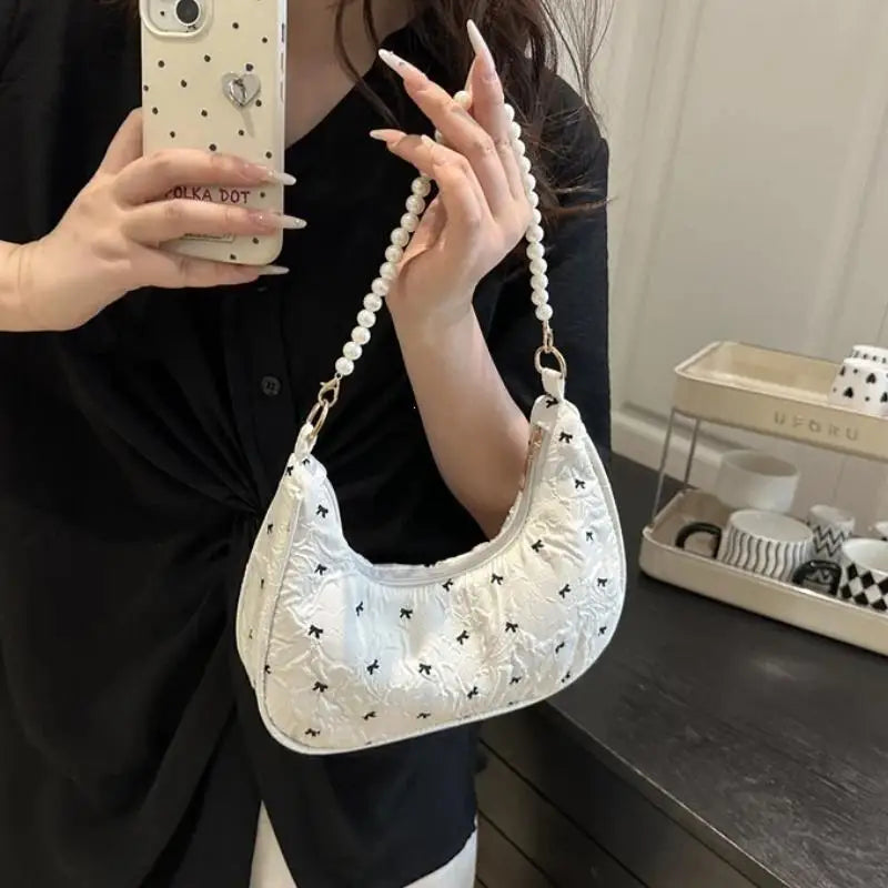Trendy Wrinkled Bow Purse for Women Versatile Shoulder Bag Elegant Underarm Handbag for Daily Outings