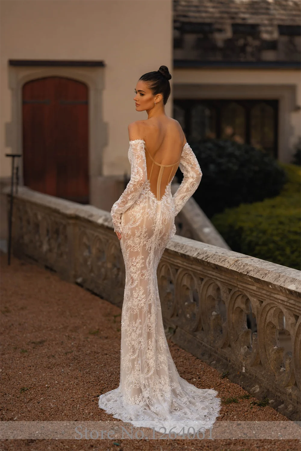 Beaded Lace Off-Shoulder Long-Sleeve Mermaid Wedding Dress