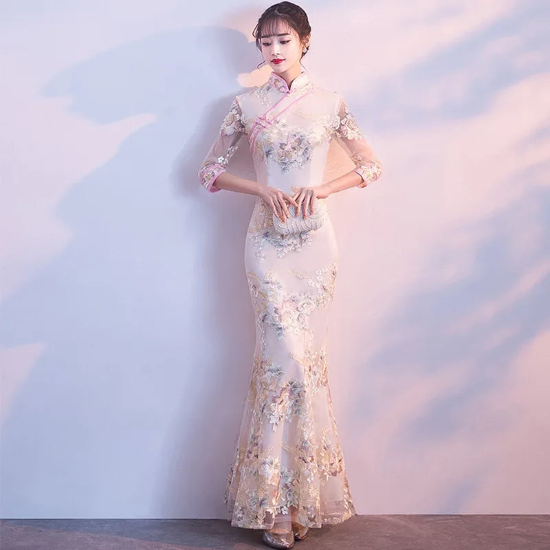 Floral Embroidered Satin Cheongsam Gown