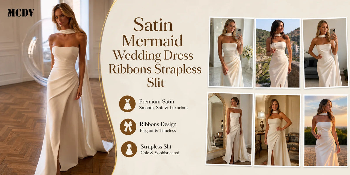 Satin Mermaid Wedding Dress Ribbons Strapless Slit Civil Reception Dresses For Weddings Sweep Train vestido noiva Customized
