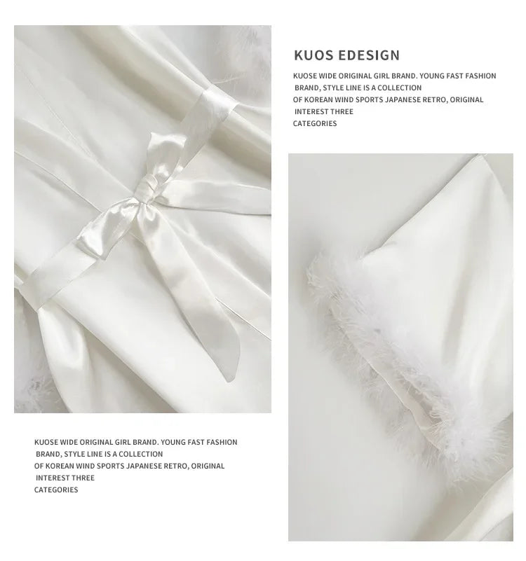 Feather Trim Satin Bridal Robe