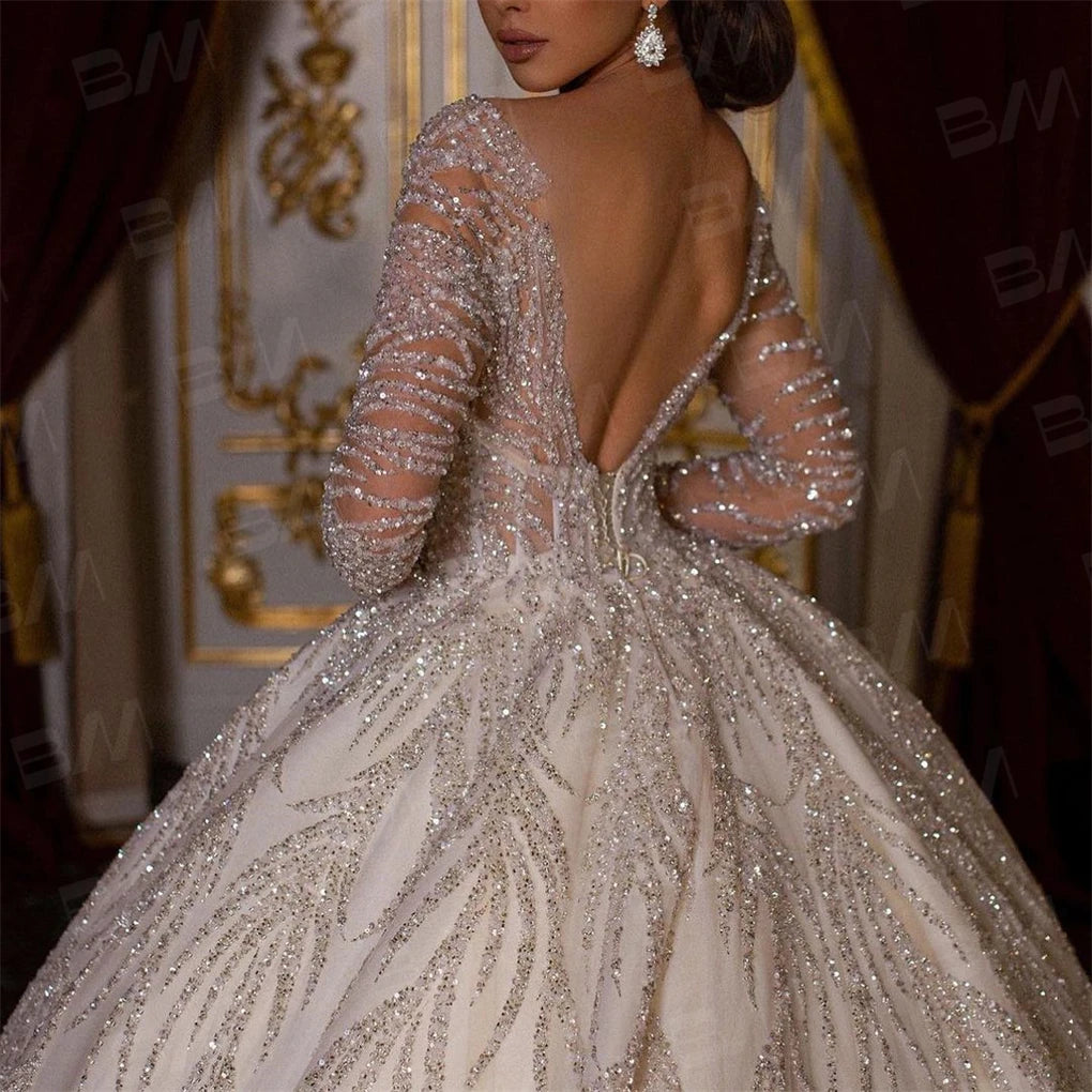 Hand-Beaded Long-Sleeve Ball Gown Wedding Dress