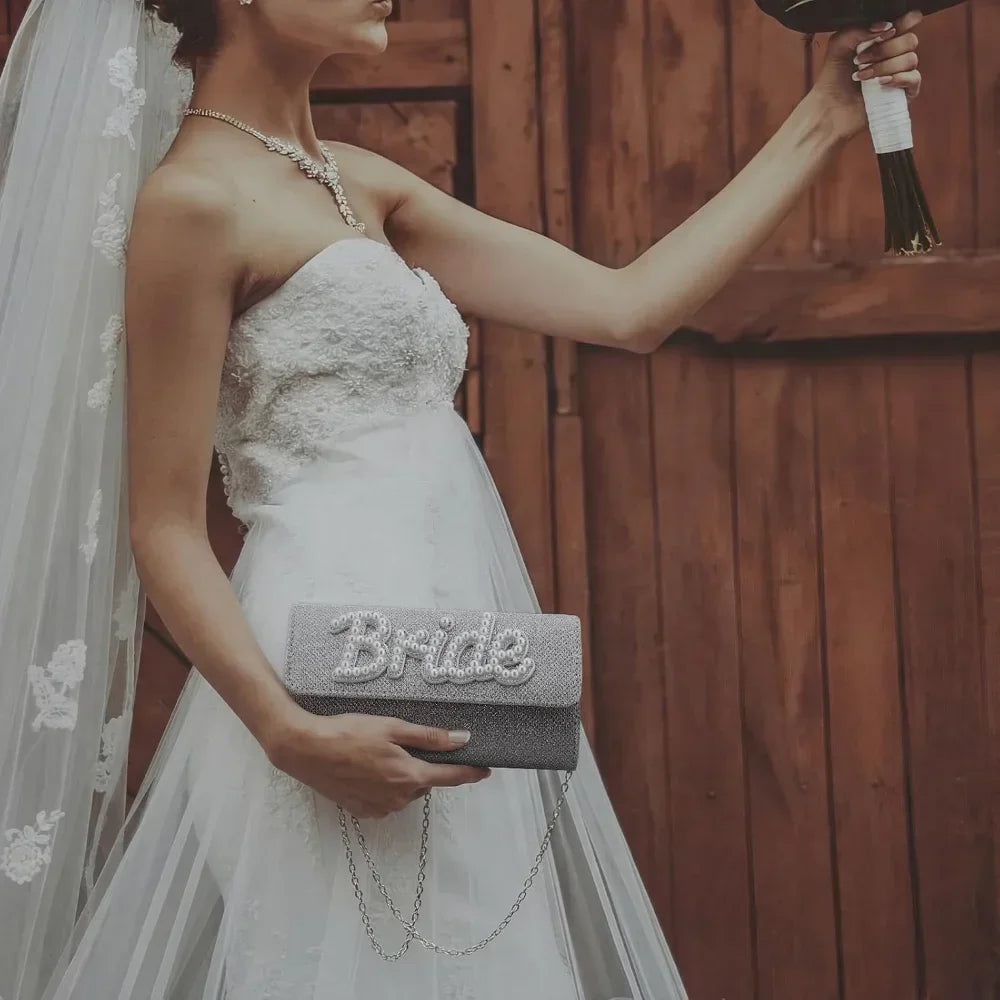 Pearl Rhinestone Letter Bride Evening Clutch Purse Wedding Honeymoon Handbag  Photo Prop Romantic Present For Bride To Be