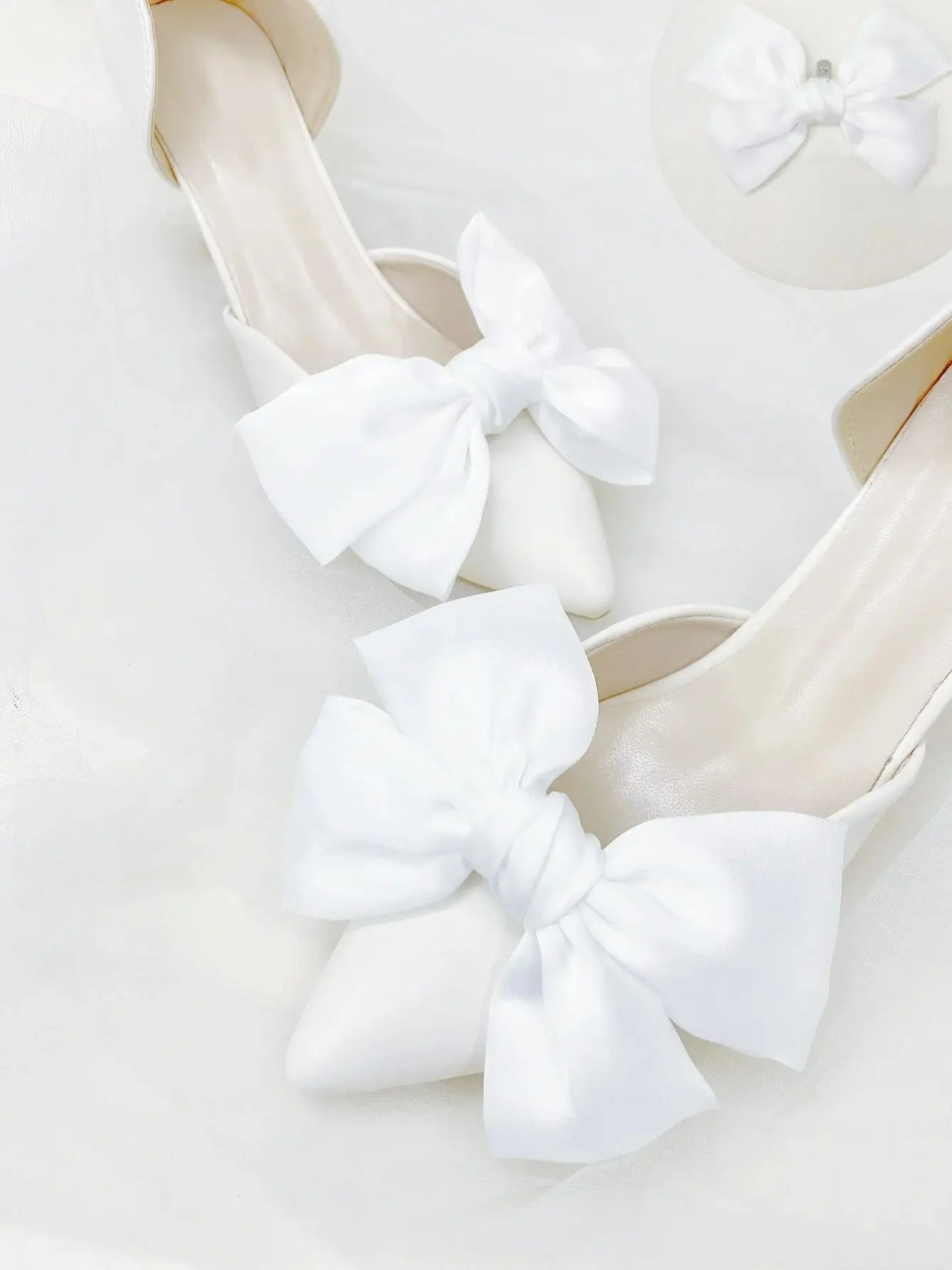 1 pair of new bride shoes white big bow women's shoe buckle DIY detachable daily all matching slimming satin shoes flower shoe c