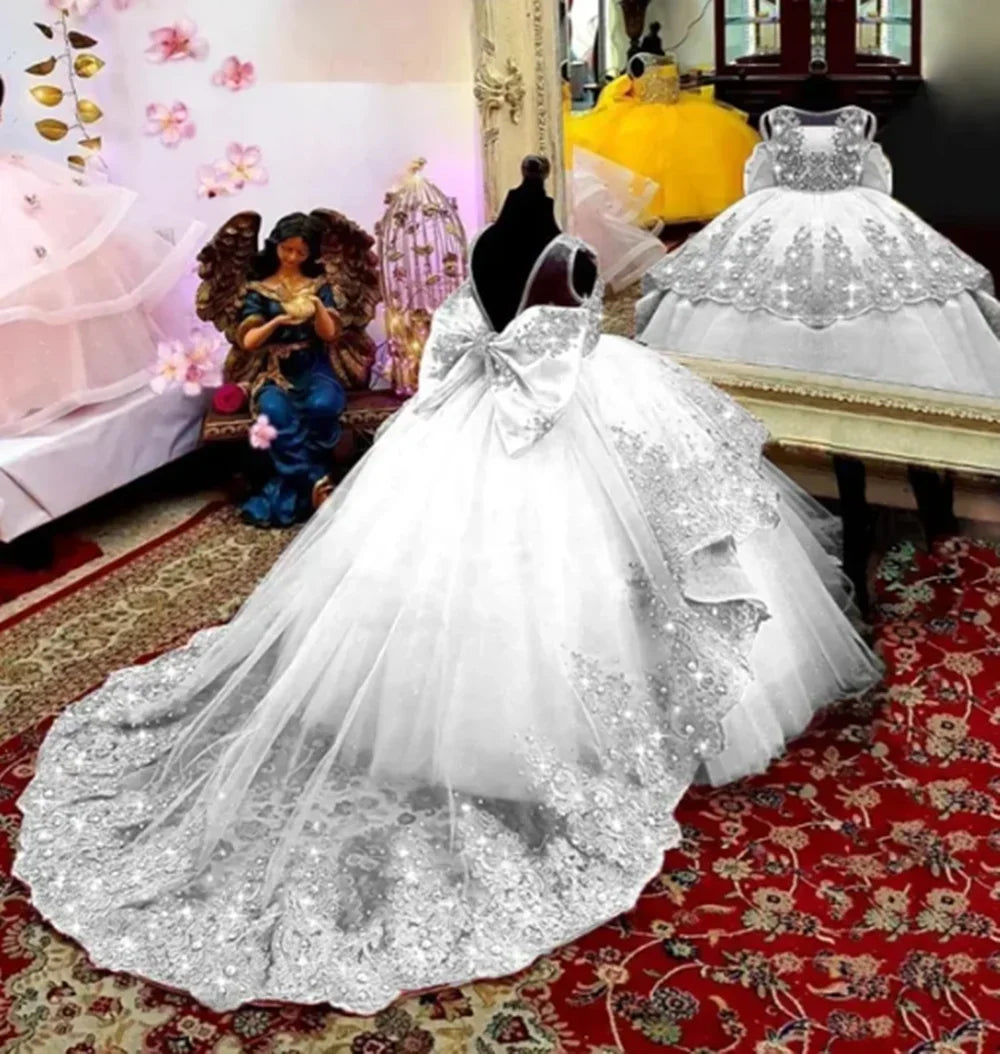 Custom Flower Girl Dress First Christmas Dress Wedding Party Gown Mint Green Lace Beaded Train Kids Evening Dress فساتين