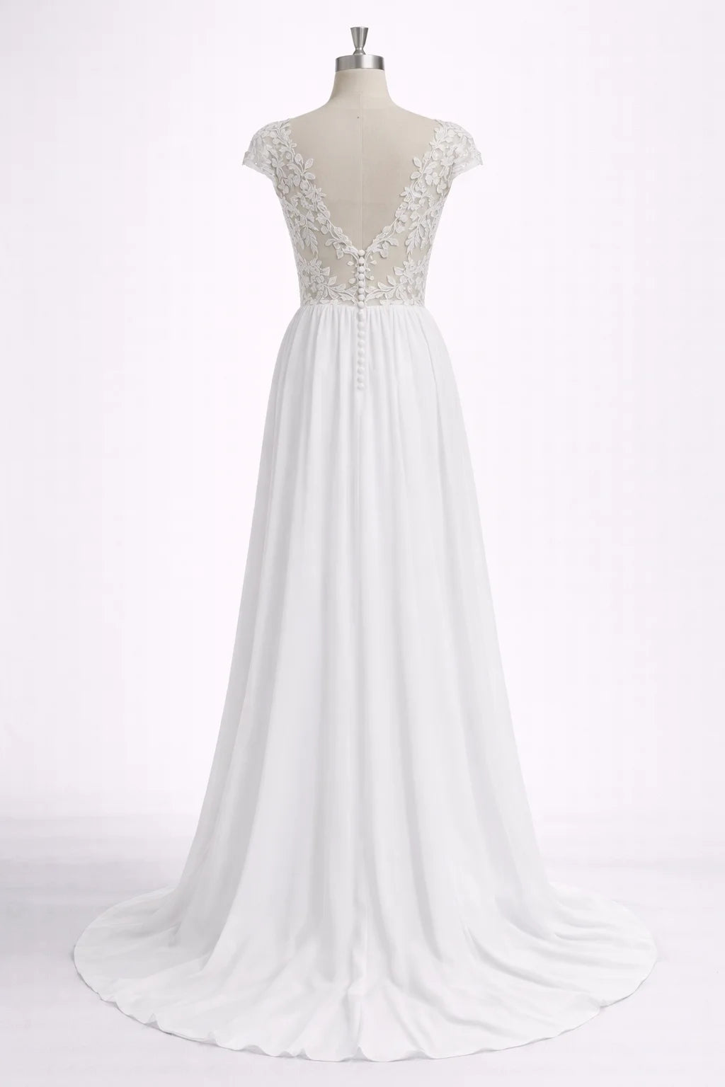 V-Neck Cap-Sleeve Backless Lace Boho A-Line Wedding Dress