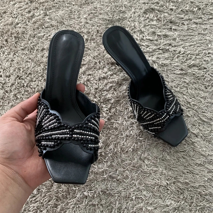 Elegant Summer High Heels Women Mules Sandals Open Toe Pearl Beaded Female Stilettos Slip on Party Wedding Dress Shoes Woman
