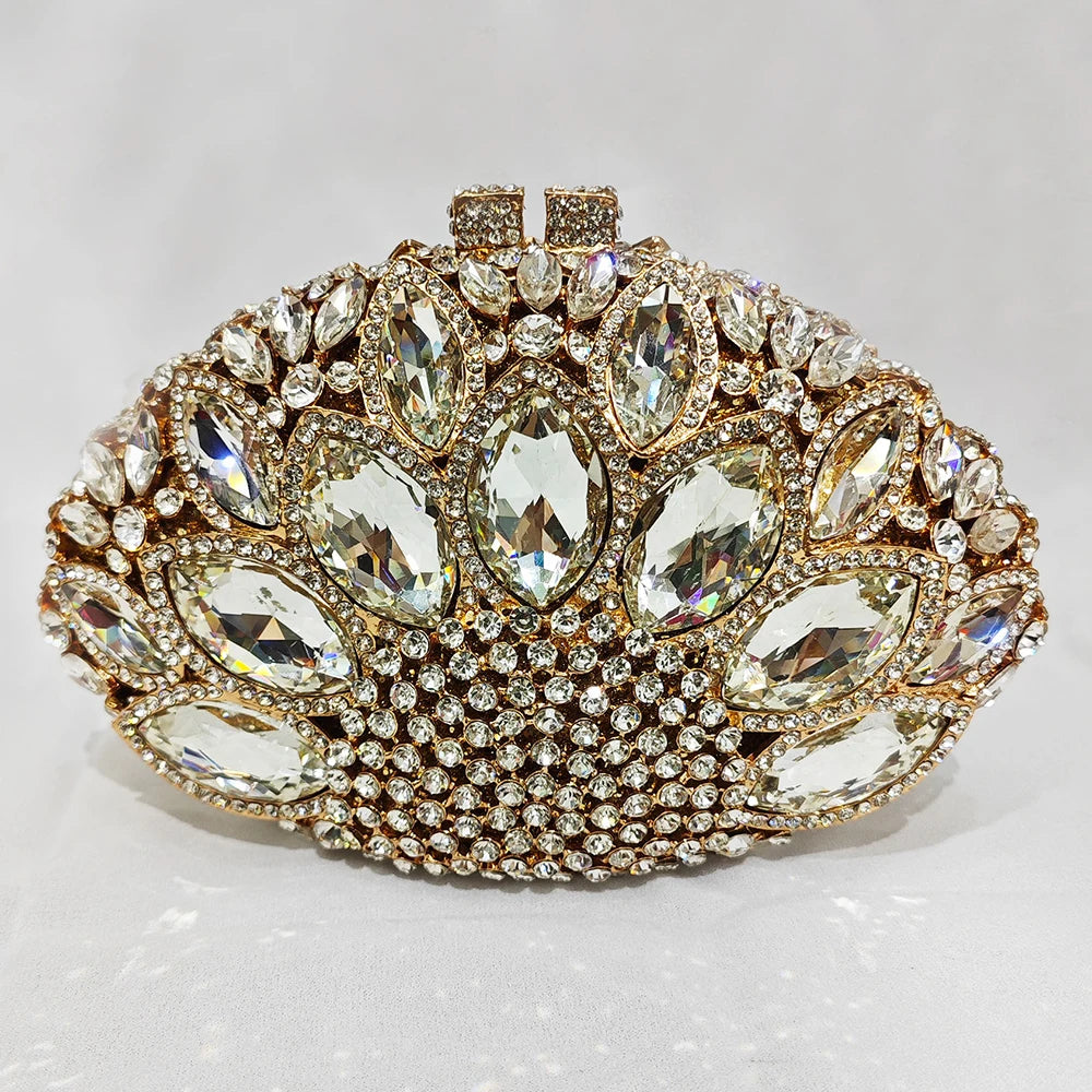 Fan Big Stone Rhinestone Wedding Purse White Clear Evening Bridal Clutch Luxury Women’s Crystal Party Prom Handbag Formal Bag