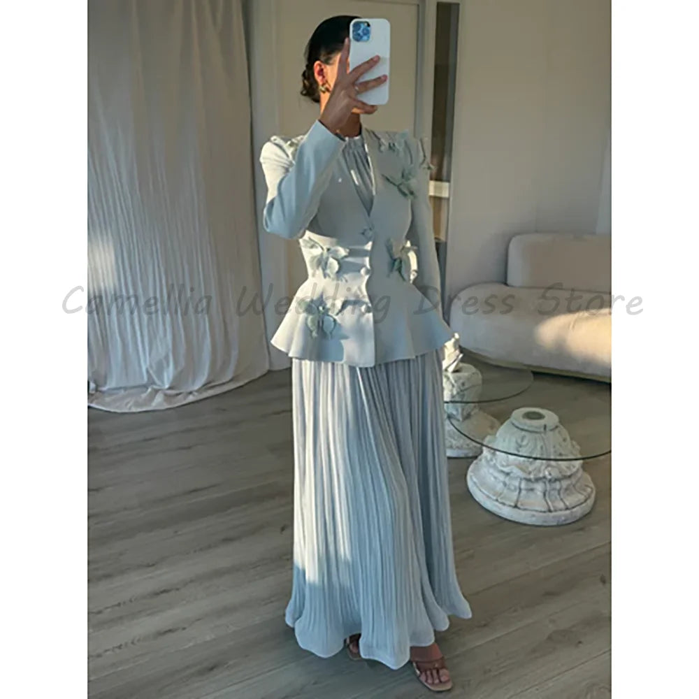 Elegant Light Blue Mother of the Bride Dress with Floral Jacket & Pleated Chiffon Skirt Formal Wedding Guest Gown