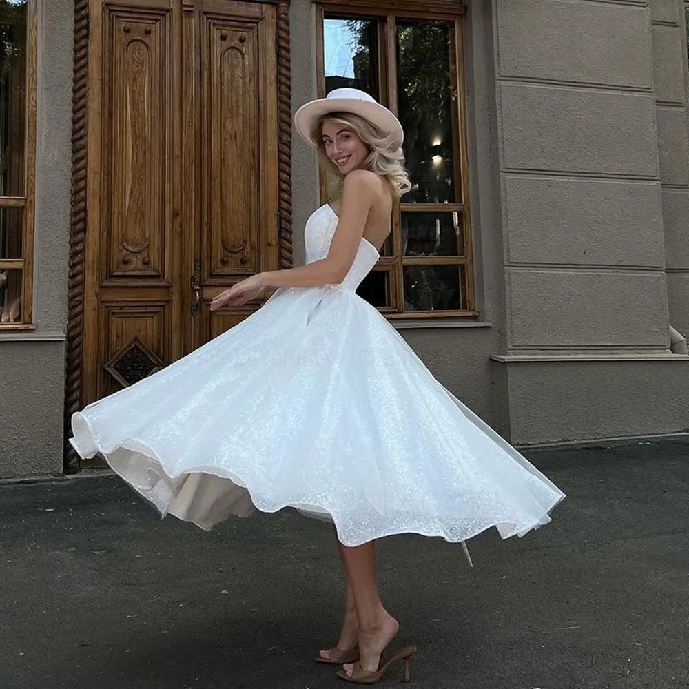 Glitter Tea Length Wedding Dress with Pockets