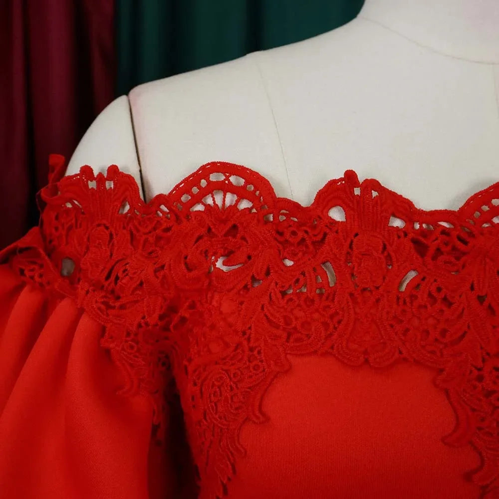 Off-Shoulder Lantern Sleeve Lace Sheath Dress