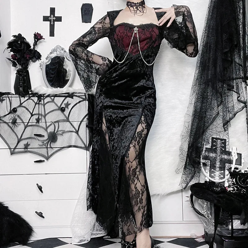 Goth Dark Elegant Mall Gothic Women Evening Dresses Grunge Aesthetic E-girl Velvet Midi Dress Lace Splice Sexy Split Alt Outfits