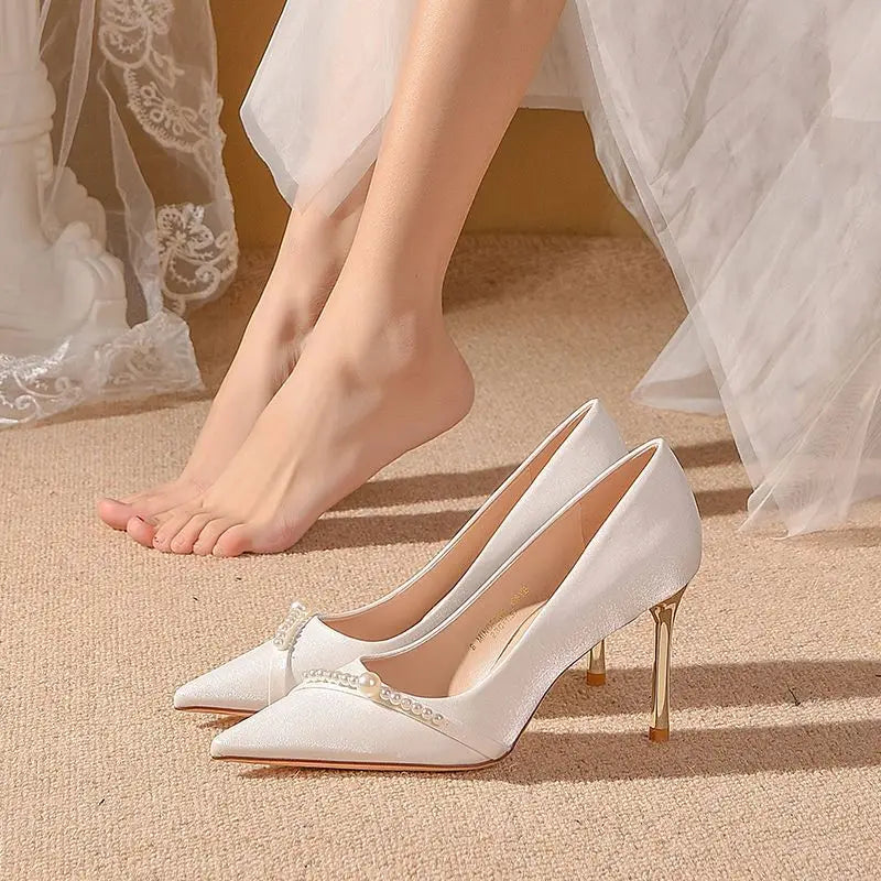 Women's Summer Footwear Bride Pumps Shoes for Woman 2025 Wedding Shoe on Heeled Pointed Toe Pearl Stilito High Heels Popular 39