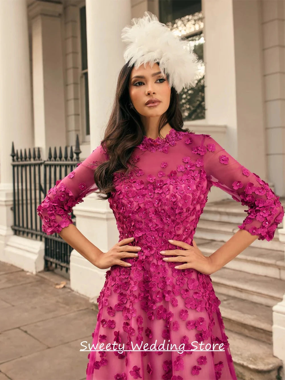 Customized Mother of The Bride Dress High Quality Round Neck 3/4 Sleeves Flowers Ankle Length A Line Wedding Guest Gown