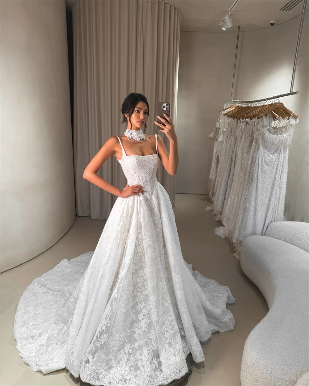 Square-Neck Off-Shoulder Long-Sleeve Satin Mermaid Wedding Dress