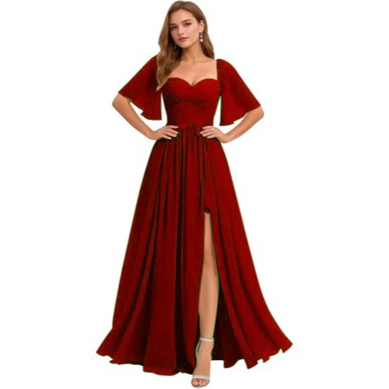 A Line Short Sleeve Chiffon Bridesmaid Dresses One Shouder Slit Pleat Elegant Wedding Party Formal Prom Evening Lace Up Back