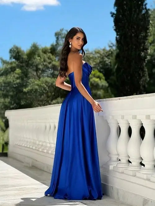 Chicbridal Women's Strapless Prom Dress Satin A-Line Long Ball Gown Sweetheart Corset Formal Dress with Pockets And Side Slit