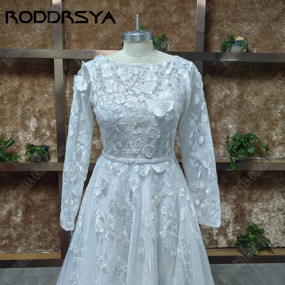 RODDRSYA Muslim Wedding Dresses 2025 Bride Long Sleeves Flowers A-Line Lace Bride Gowns Applique robe mariée boheme Customized