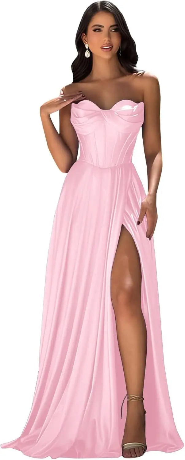 Chicbridal Women's Strapless Prom Dress Satin A-Line Long Ball Gown Sweetheart Corset Formal Dress with Pockets And Side Slit