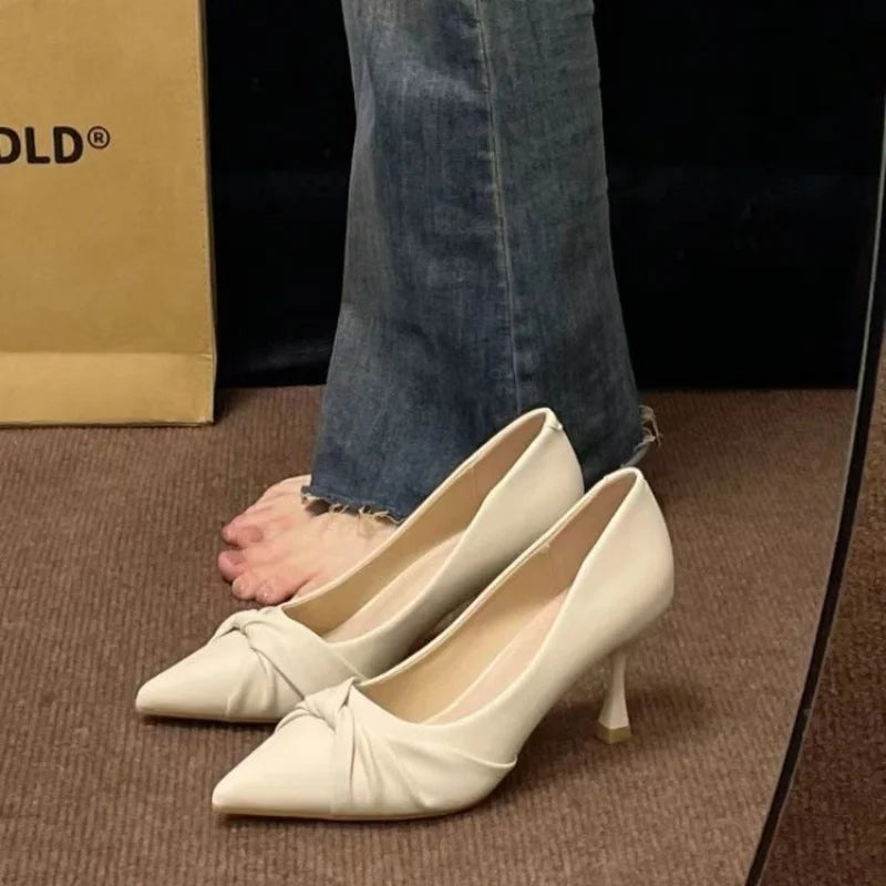2025 Spring/Autumn New Women's Gentle Pointed Toe High Heels  - Shallow Cut Stiletto Heel Shoes, Bow Decor Elegant Shoes
