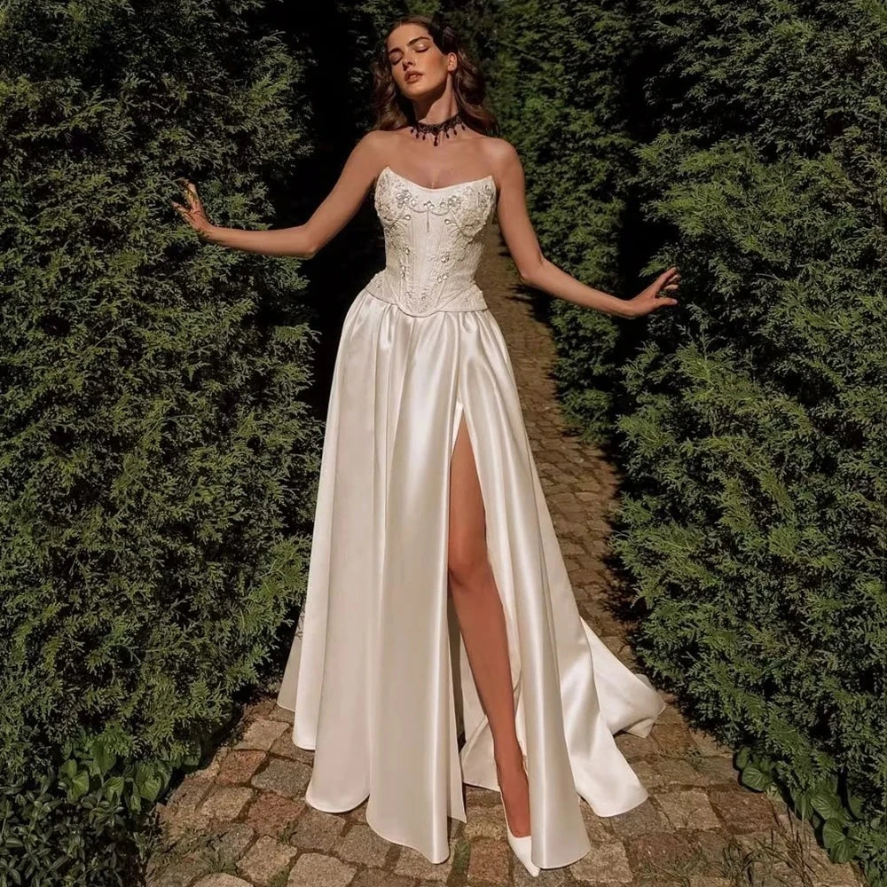 Beaded Satin A-Line Wedding Dress with Side Slit