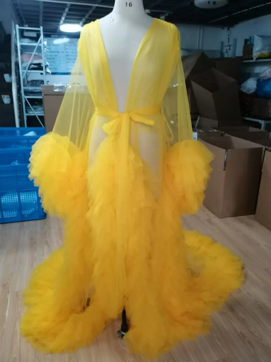 Women Sexy Bridal Robe Illusion Tulle Long Wedding Dressing Gown Maternity Bathrobe Sleepwear Pregnancy Photo Shoot Dress