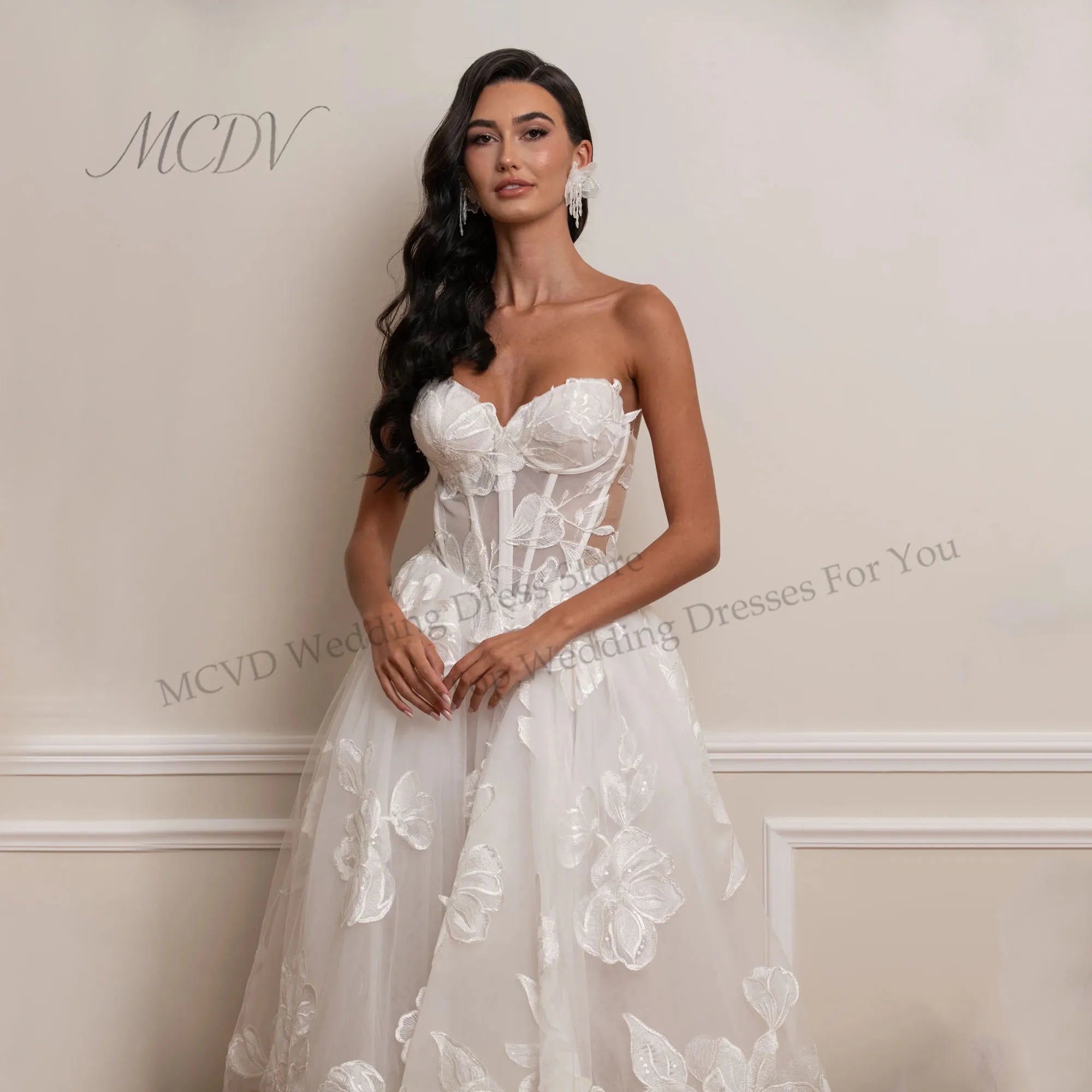 3D Floral Lace Tea Length Bridal Midi Dress
