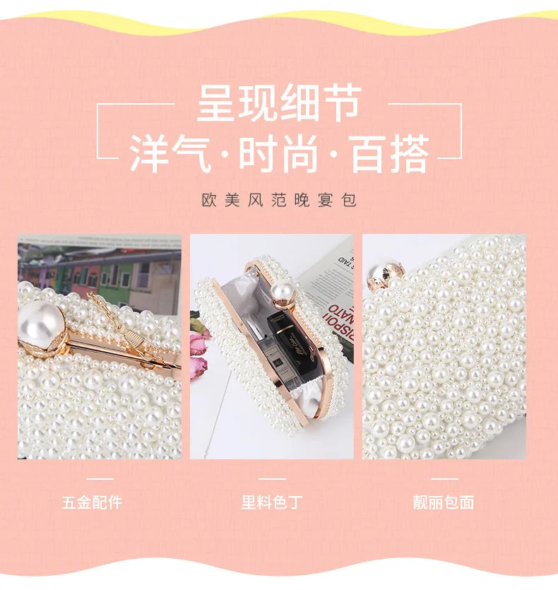 Elegant Pearl Evening Shoulder Bag Soft Small Square Purse with Lock for Women Wedding Bridal Crossbody Party