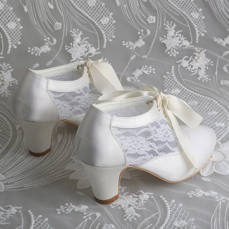 Customized Block Heels Bridal Shoes Boots Ivory Satin and Lace Ribbon Tie Wedding Boots for Dancing 7CM