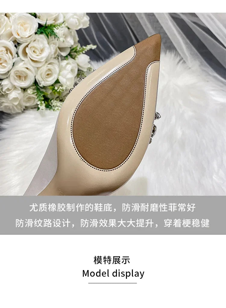 New White Champagne Women Bridal Wedding Shoes Faux Silk Satin Rhinestone Crystal Shallow Pumps Stiletto High Heel