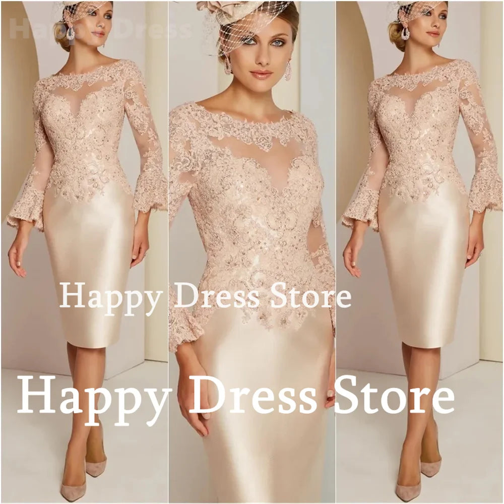 2024 New Mother Dress Of Bridal O-Neck Long Sleeves Business Reception Dress Knee-Length Sheath Satin Women Short Formal Dress