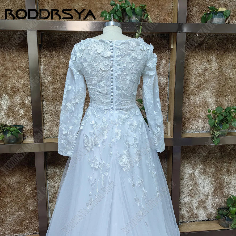RODDRSYA Muslim Wedding Dresses 2025 Bride Long Sleeves Flowers A-Line Lace Bride Gowns Applique robe mariée boheme Customized