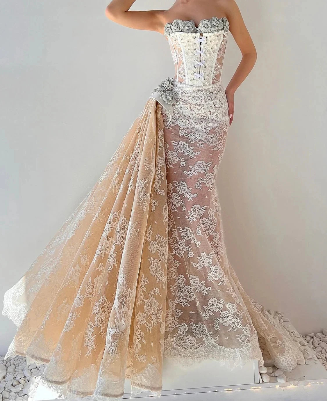 Champagne Wedding Dresses Mermaid Lace Pearls Bridal Gown Saudi Arabic Dubai Islamic Middle Eastern Vestido De Noiva Customized