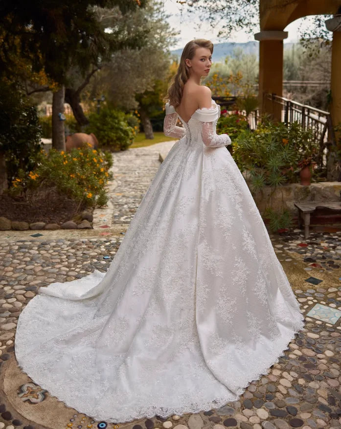Graceful A Line Wedding Dress For Women Off Shoulder Long Sleeves Bridal Gowns Pearls Beaded Lace Dress Customized